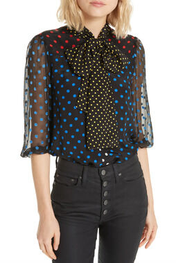 Alice + Olivia Jeannie Bow Neck Silk Polka Dot Blouse Black Blue Size XL
